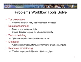 Problems Workflow Tools Solve
• Task execution
– Workflow tools will retry and checkpoint if needed
• Data management
– Stage-in and stage-out data
– Ensure data is available for jobs automatically
• Task scheduling
– Optimal execution on available resources
• Metadata
– Automatically track runtime, environment, arguments, inputs
• Resource provisioning
– Whether large parallel jobs or high throughput
11
 