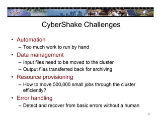 CyberShake Challenges
• Automation
– Too much work to run by hand
• Data management
– Input files need to be moved to the cluster
– Output files transferred back for archiving
• Resource provisioning
– How to move 500,000 small jobs through the cluster
efficiently?
• Error handling
– Detect and recover from basic errors without a human
22
 