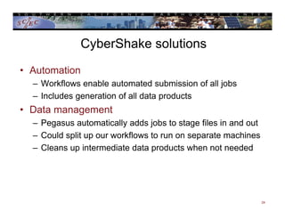 CyberShake solutions
• Automation
– Workflows enable automated submission of all jobs
– Includes generation of all data products
• Data management
– Pegasus automatically adds jobs to stage files in and out
– Could split up our workflows to run on separate machines
– Cleans up intermediate data products when not needed
24
 