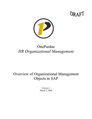 OnePurdue
  HR Organizational Management




Overview of Organizational Management
            Objects in SAP

                Version 1
               March 2, 2006
 