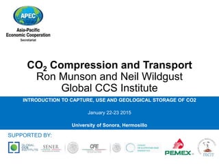 CO2 Compression and Transport
Ron Munson and Neil Wildgust
Global CCS Institute
INTRODUCTION TO CAPTURE, USE AND GEOLOGICAL STORAGE OF CO2
January 22-23 2015
University of Sonora, Hermosillo
SUPPORTED BY:
 