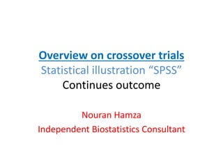 Overview on crossover trials
Statistical illustration “SPSS”
Continues outcome
Nouran Hamza
Independent Biostatistics Consultant
 