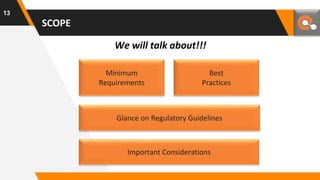 SCOPE
Important Considerations
Minimum
Requirements
Glance on Regulatory Guidelines
We will talk about!!!
13
Best
Practices
 