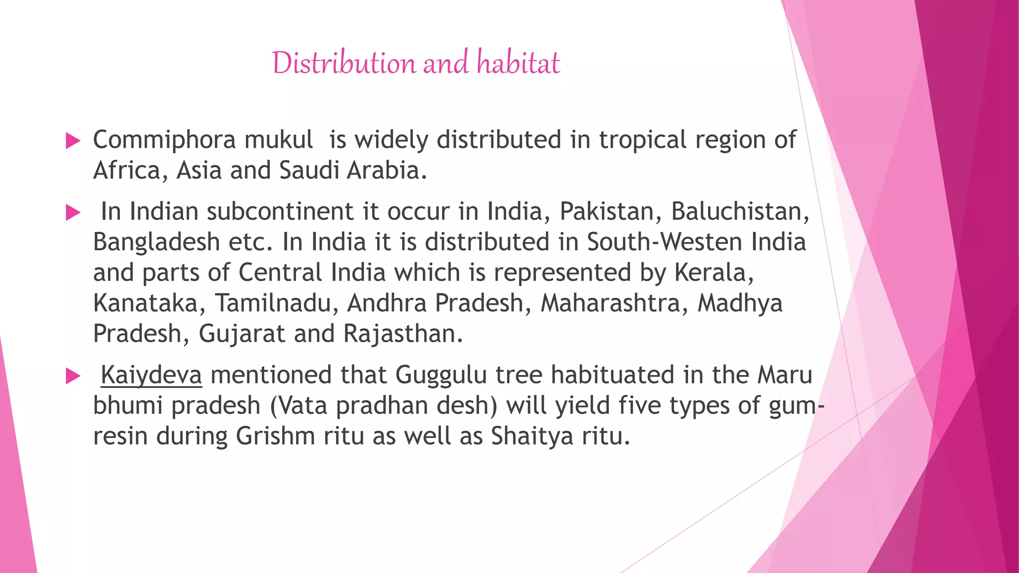 Distribution and habitat
 Commiphora mukul is widely distributed in tropical region of
Africa, Asia and Saudi Arabia.
 In Indian subcontinent it occur in India, Pakistan, Baluchistan,
Bangladesh etc. In India it is distributed in South-Westen India
and parts of Central India which is represented by Kerala,
Kanataka, Tamilnadu, Andhra Pradesh, Maharashtra, Madhya
Pradesh, Gujarat and Rajasthan.
 Kaiydeva mentioned that Guggulu tree habituated in the Maru
bhumi pradesh (Vata pradhan desh) will yield five types of gum-
resin during Grishm ritu as well as Shaitya ritu.
 