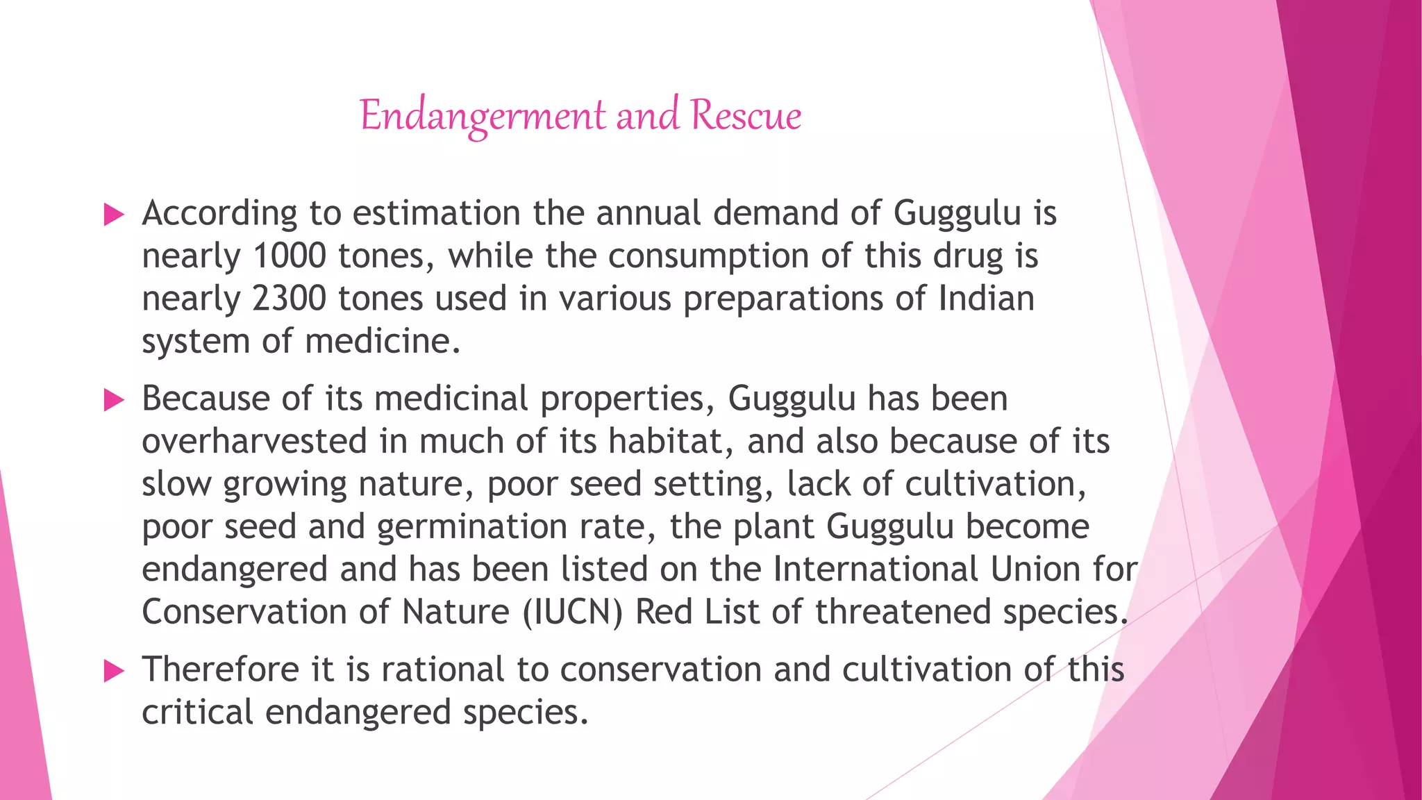 Endangerment and Rescue
 According to estimation the annual demand of Guggulu is
nearly 1000 tones, while the consumption of this drug is
nearly 2300 tones used in various preparations of Indian
system of medicine.
 Because of its medicinal properties, Guggulu has been
overharvested in much of its habitat, and also because of its
slow growing nature, poor seed setting, lack of cultivation,
poor seed and germination rate, the plant Guggulu become
endangered and has been listed on the International Union for
Conservation of Nature (IUCN) Red List of threatened species.
 Therefore it is rational to conservation and cultivation of this
critical endangered species.
 