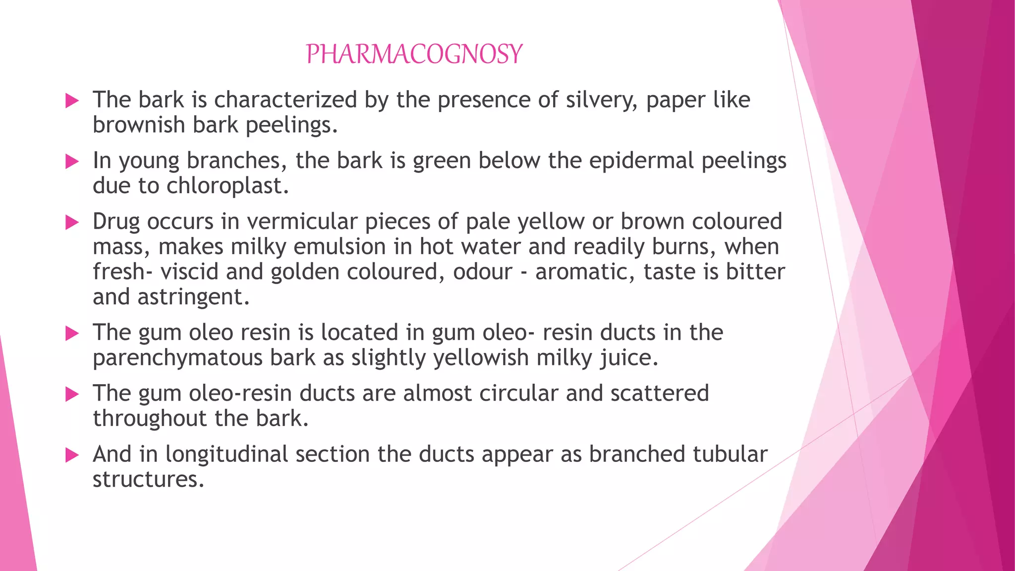 PHARMACOGNOSY
 The bark is characterized by the presence of silvery, paper like
brownish bark peelings.
 In young branches, the bark is green below the epidermal peelings
due to chloroplast.
 Drug occurs in vermicular pieces of pale yellow or brown coloured
mass, makes milky emulsion in hot water and readily burns, when
fresh- viscid and golden coloured, odour - aromatic, taste is bitter
and astringent.
 The gum oleo resin is located in gum oleo- resin ducts in the
parenchymatous bark as slightly yellowish milky juice.
 The gum oleo-resin ducts are almost circular and scattered
throughout the bark.
 And in longitudinal section the ducts appear as branched tubular
structures.
 