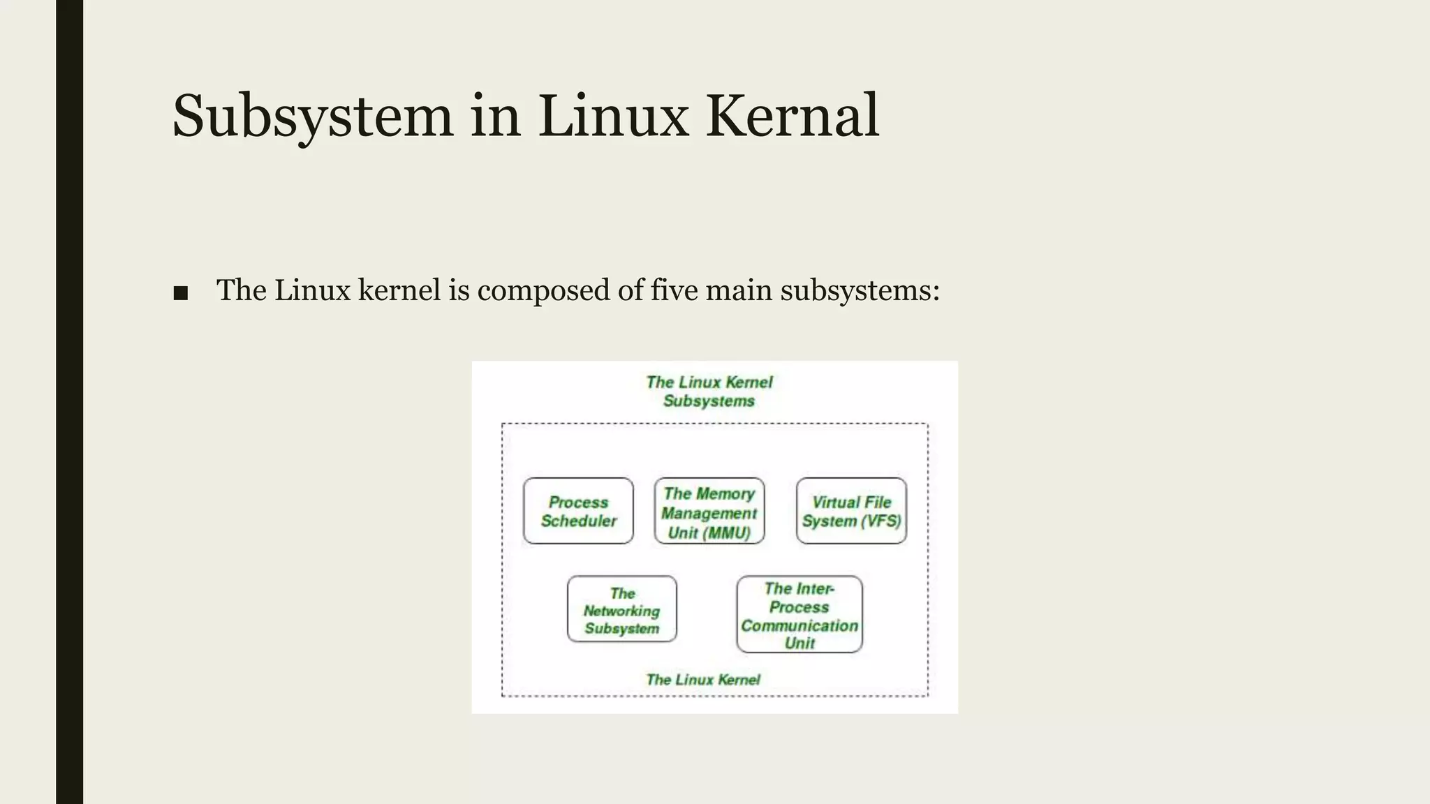 Subsystem in Linux Kernal
■ The Linux kernel is composed of five main subsystems:
 