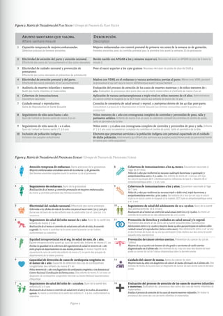 Página 9
Figura 3. Matriz de Trazadoras del Plan Nacer // Groupe de Traceurs du Plan Nacer
Figura 4. Matriz de Trazadoras del Programa Sumar // Groupe de Traceurs du Programa Sumar.
Asunto sanitario que valora.
Affaire sanitaire mesuré
Descripción.
Description
1 Captación temprana de mujeres embarazadas.
Détection précoce de femmes enceintes
Mujeres embarazadas con control prenatal de primera vez antes de la semana 20 de gestación.
Femmes enceintes avec du contrôle prénatal pour la première fois avant la semaine 20 de grossesse.
2 Efectividad de atención del parto y atención neonatal.
Effectivité des soins de l’accouchement et des soins néonatals
Recién nacido con APGAR a los 5 minutos mayor a 6. Nouveau-né avec un APGAR de plus de 6 dans la
minute 5
3 Efectividad de cuidado neonatal y prevención de
prematurez.
Effectivité des soins néonatals et prévention de prématurité
Peso al nacer superior a los 2500 gramos. Nouveau-nés avec du poids de plus de 2500 g.
4 Efectividad de atención prenatal y del parto.
Effectivité des soins prénatals et de l’accouchement
Madres con VDRL en el embarazo y vacuna antitetánica previas al parto. Mères avec VDRL pendant
la grossesse et qui ont reçu le vaccin antitétanique avant l’accouchement
5 Auditoría de muertes infantiles y maternas.
Audit des morts infantiles et maternelles
Evaluación del proceso de atención de los casos de muertes maternas y de niños menores de 1
año. Évaluation du processus des soins des cas de morts maternelles et d’enfants de moins d’un an
6 Cobertura de inmunizaciones.
Couverture vaccinale
Aplicación de vacuna antisarampionosa o triple viral en niños menores de 18 años. Administration
du vaccin contre la rougeole ou le DCT-triple vaccin aux enfants de moins de 18 ans
7 Cuidado sexual y reproductivo.
Soins de Reproduction et Santé Sexuelle
Consulta de consejería de salud sexual y reprod. a puérperas dentro de los 45 días post-parto.
Consultation à propos de la Reproduction et Santé Sexuelle aux femmes accouchées avant le 45ème jour
postpartum
8 Seguimiento de niño sano hasta 1 año.
Suivi de l’enfant en bonne santé de moins d’un an
Niños menores de 1 año con cronograma completo de controles y percentiles de peso, talla y
perímetro cefálico. Enfants de moins d’un an avec le calendrier complet de contrôles et centile de poids,
taille et périmètre de la tête
9 Seguimiento de niño sano de 1 a 6 años.
Suivi de l’enfant en bonne santé d’1 à 6 ans
Niños entre 1 y 6 años con cronograma completo de controles y percentiles de peso y talla. Enfants
d' 1 à 6 ans avec le calendrier complete de contrôles et centile de poids, taille et perimètre de la tête.
10 Inclusión de población indígena.
Inclusion des peuples autochtones
Efectores que presentan servicios a la población indígena con personal capacitado en el cuidado
de dicha población. Intervenants qui offrent des services aux peuples autochtones avec du personnel formé
en soins pour cette population
Atención temprana de embarazo. Soins précoces de la grossesse
Mujeres embarazadas atendidas antes de la semana 13 de gestación.
Des femmes enceintes soignées avant la semaine 13 de la grossesse
Cobertura de inmunizaciones a los 24 meses. Couverture vaccinale à
l’âge de 24 mois
Niños de 2 años que recibieron las vacunas cuádruple bacteriana (o quíntuple) y
antipoliomielítica entre 1 ½ y 2 años. Des enfants de moins de 2 ans qui ont reçu
les vaccins quintuple (DCT + Antihaemophilus influenzae de type b + Hépatite B) et
antipoliomyélitique entre 1 ½ et 2 ans.
Seguimiento de embarazo. Suivi de la grossesse
Realización de al menos 4 controles prenatales en mujeres embarazadas.
Au moins 4 contrôles prénatals des femmes enceintes
Cobertura de inmunizaciones a los 7 años. Couverture vaccinale à l’âge
de 7 ans
Niños de 7 años que recibieron las vacunas triple o doble viral, triple bacteriana y
antipoliomielítica entre los 5 y los 7 años. Des enfants de 7 ans qui ont reçu le vaccin
triple ou le vaccin contre la rougeole et la rubéole, DCT triple et antipoliomyélitique entre
5 et 7 ans.
Efectividad del cuidado neonatal. Effectivité des soins prénatals
Sobrevida a los 28 días de vida de los niños con peso al nacer entre 750 y 1500 grs.
Survie aux 28 jours de vie des enfants avec du poids entre 750 et 1500 grs. à la
naissance
Seguimiento de salud del adolescente de 10 a 19 años. Suivi de la santé
des adolescents de 10 à 19 ans
Realización de al menos un control de salud anual entre los 10 y 19 años. Au moins un
contrôle de la santé par an des adolescents de 10 à 19 ans.
Seguimiento de salud del niño menor de 1 año. Suivi de la santé des
enfants de moins d’1 an
Realización de al menos 6 controles de salud antes del año de vida, de acuerdo
a agenda. Au moins 6 contrôles de la santé avant le premier an de l’enfant,
conformément au calendrier.
Promoción de derechos y cuidados en salud sexual y/o reprod.
Promotion des droits et de soins de la santé sexuelle et/ou reproductive
Adolescentes entre 10 y 19 años y mujeres hasta 24 años que participan en talleres sobre
cuidado sexual y/o reproductivo (intra o extra muro). Des adolescents entre 10 et 19 ans
et des femmes de moins de 24 ans qui participent à des ateliers sur des soins de santé
sexuelle et/ou reproductive
Equidad intraprovincial en el seg. de salud de men. de 1 año.
Équité intraprovincielle quant au suivi de santé des enfants de moins d’1 an.
Evalúa la igualdad en la cobertura del seguimiento de salud en menores de 1 año
entre grupos de departamentos en una misma provincia.On évalue l’égalité de la
couverture du suivi de santé des enfants de moins d’1 an parmi des groupes de
départements de la même province.
Prevención de cáncer cérvico uterino. Prévention du cancer du col de
l’utérus
Mujeres de 25 a 64 años con lesiones de alto grado o carcinoma de cuello uterino
diagnosticados en el último año.Des femmes de 25 à 64 ans avec des lésions de haut
grade ou cancer du col de l’utérus diagnostiqué dans la dernière année
Capacidad de detección de casos de cardiopatía congénita en
el menor de 1 año. Capacité de détection des cas de cardiopathies
congénitales des enfants de moins d’1 an
Niños menores de 1 año con diagnóstico de cardiopatía congénita y con denuncia al
Centro Nacional Coordinador de Derivaciones. Des enfants de moins d’1 an avec un
diagnostic de cardiopathie congénitale informée au Centre National Coordonnateur
d’Aiguillage
Cuidado del cáncer de mama. Soins du cancer du sein
Mujeres hasta 64 años con diagnóstico de cáncer de mama efectuado en el último año. Des
femmes de moins de 64 ans avec un diagnostic de cancer de sein donné dans la dernière
année
Seguimiento de salud del niño de 1 a 9 años. Suivi de la santé des
enfants d’1 à 9 ans
Realización de al menos 9 controles de salud entre el año y los 9 años, de acuerdo a
agenda.Au moins 9 contrôles de la santé des enfants d’1 à 9 ans, conformément au
calendrier.
Evaluación del proceso de atención de los casos de muertes infantiles
y maternas. Évaluation du processus des soins des cas de morts infantiles et
maternelles
Evalúa el proceso de atención de los casos de muerte materno-infantiles.On évalue le
processus des soins des cas de morts infantiles et maternelles.
1 8
2 9
3 10
4 11
5 12
6 13
7 14
 