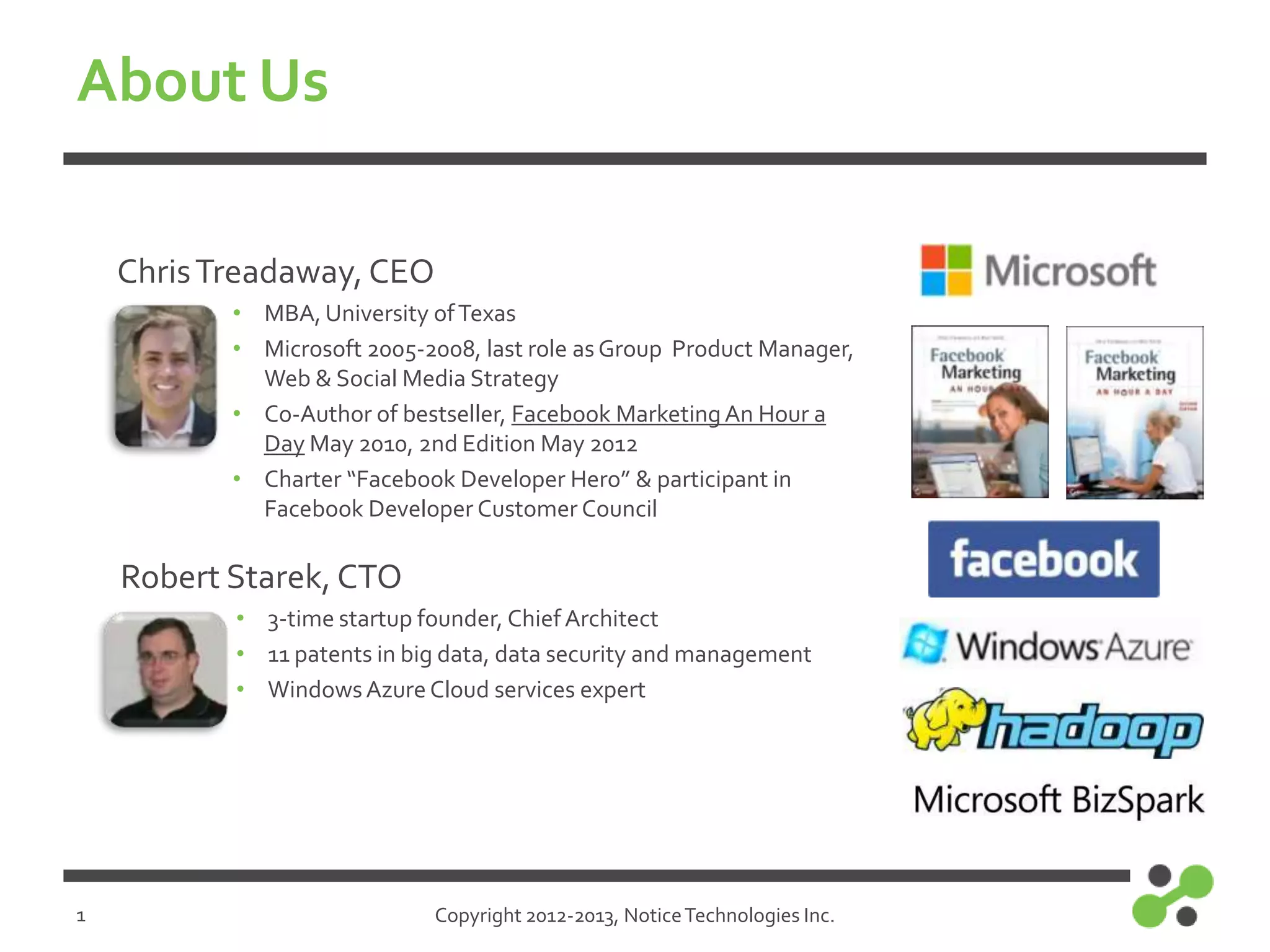 About Us
Chris Treadaway, CEO
• MBA, University of Texas
• Microsoft 2005-2008, last role as Group Product Manager,
Web & Social Media Strategy
• Co-Author of bestseller, Facebook Marketing An Hour a
Day May 2010, 2nd Edition May 2012
• Charter “Facebook Developer Hero” & participant in
Facebook Developer Customer Council

Robert Starek, CTO
• 3-time startup founder, Chief Architect
• 11 patents in big data, data security and management
• Windows Azure Cloud services expert

1

Copyright 2012-2013, Notice Technologies Inc.

 
