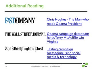 Additional Reading
Chris Hughes - The Man who
made Obama President
Obama campaign data team
helps Terry McAuliffe win
Virg...