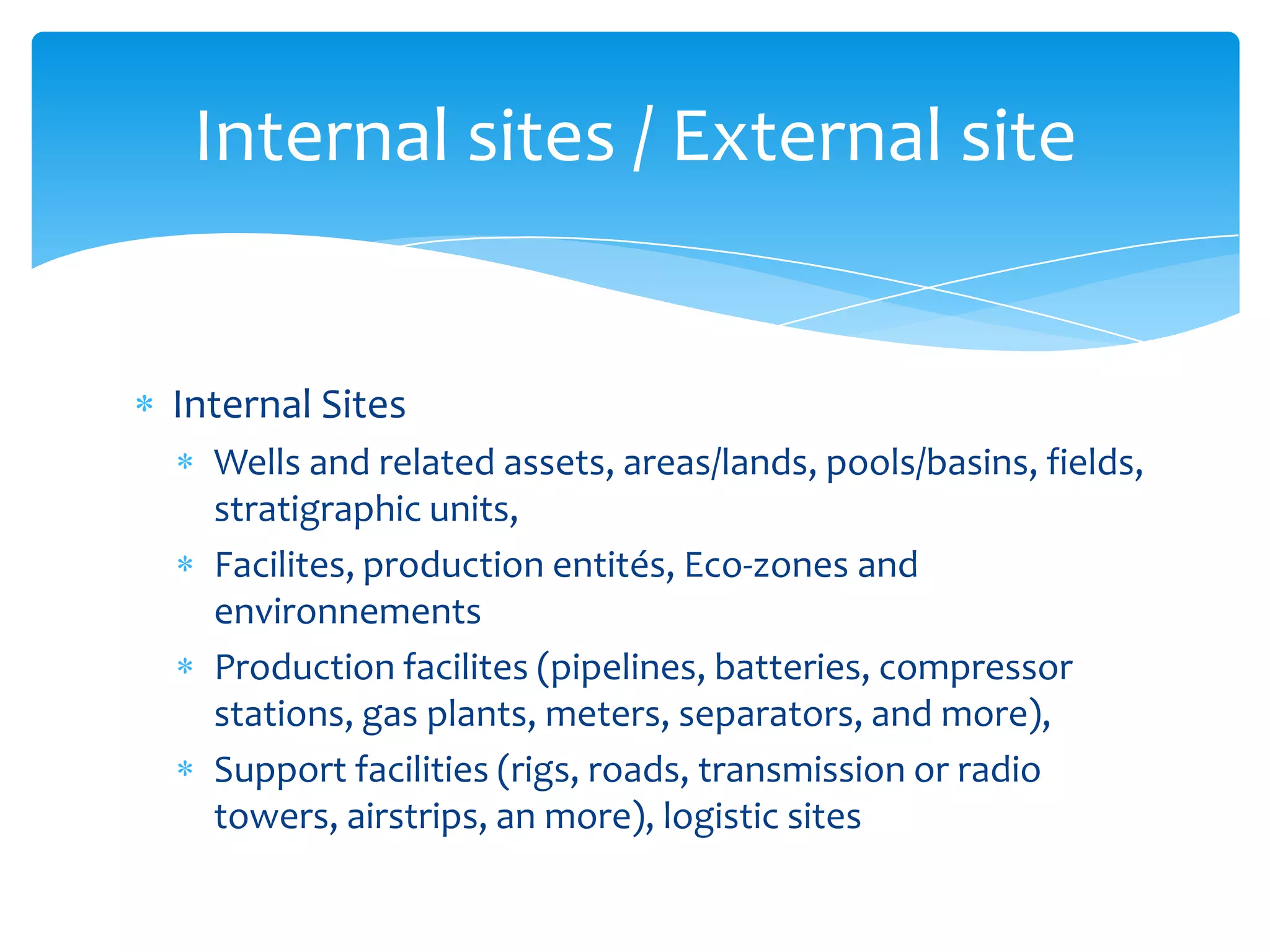 Internal sites / External site


Internal Sites
  Wells and related assets, areas/lands, pools/basins, fields,
  stratigraphic units,
  Facilites, production entités, Eco-zones and
  environnements
  Production facilites (pipelines, batteries, compressor
  stations, gas plants, meters, separators, and more),
  Support facilities (rigs, roads, transmission or radio
  towers, airstrips, an more), logistic sites
 