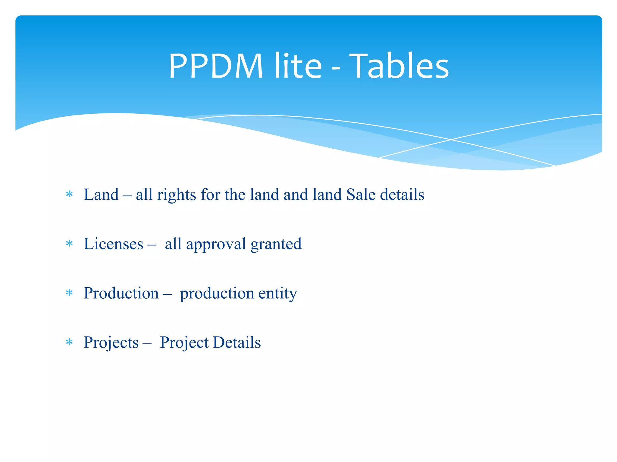 PPDM lite - Tables


Land – all rights for the land and land Sale details

Licenses – all approval granted

Production – production entity

Projects – Project Details
 