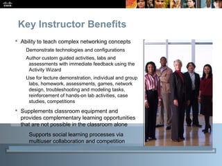 CCNA Overview 24© 2009 Cisco Systems, Inc. All rights reserved. Cisco Public
Key Instructor Benefits
 Ability to teach complex networking concepts
Demonstrate technologies and configurations
Author custom guided activities, labs and
assessments with immediate feedback using the
Activity Wizard
Use for lecture demonstration, individual and group
labs, homework, assessments, games, network
design, troubleshooting and modeling tasks,
reinforcement of hands-on lab activities, case
studies, competitions
 Supplements classroom equipment and
provides complementary learning opportunities
that are not possible in the classroom alone
Supports social learning processes via
multiuser collaboration and competition
 