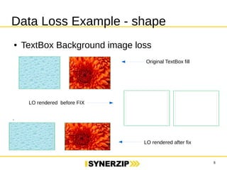 8 
Data Loss Example - shape 
● TextBox Background image loss 
Original TextBox fill 
LO rendered before FIX 
LO rendered after fix 
 