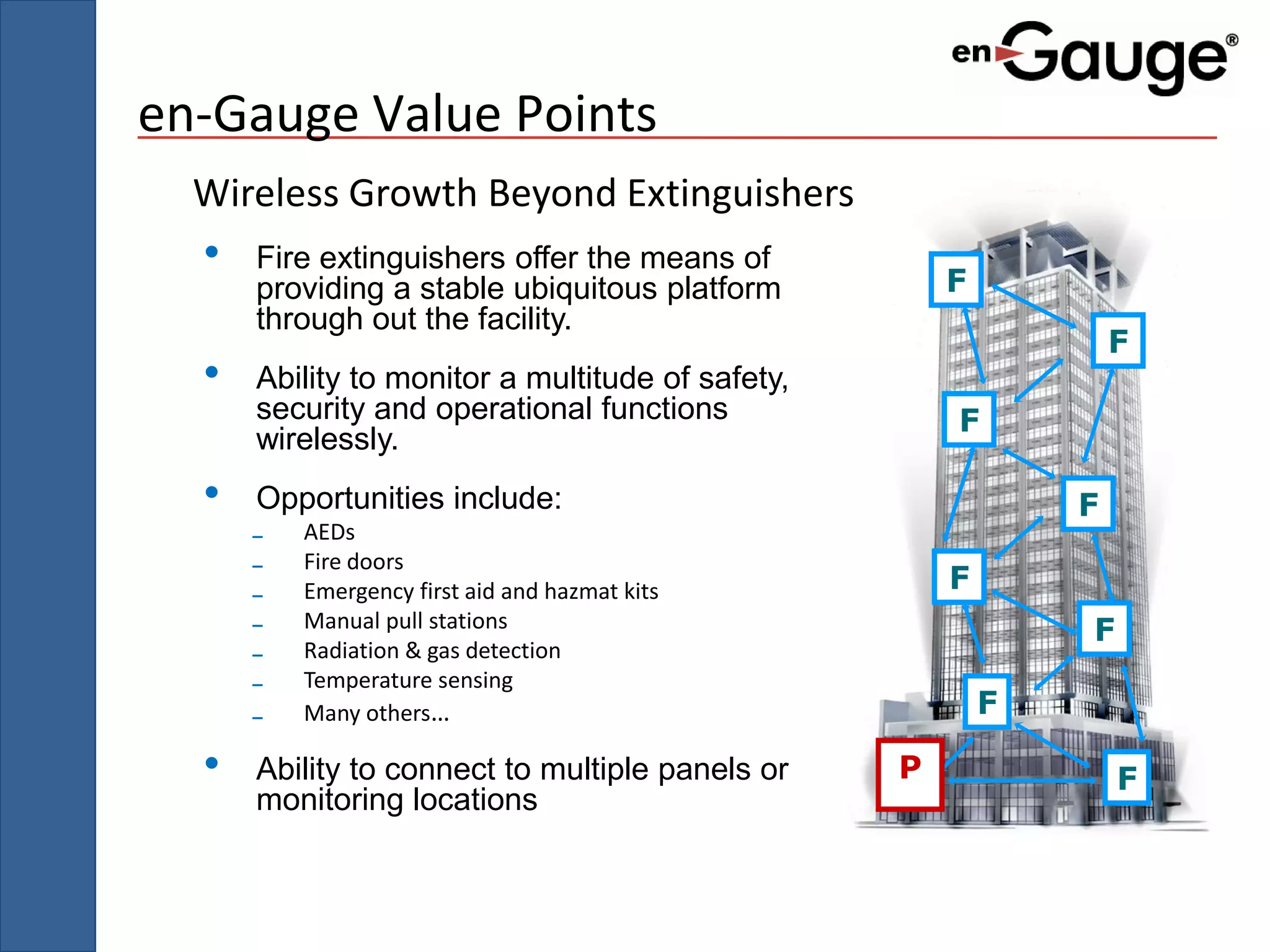 en-Gauge Value Points
  Wireless Growth Beyond Extinguishers
  •   Fire extinguishers offer the means of
                                                      F
      providing a stable ubiquitous platform
      through out the facility.
                                                                  F
  •   Ability to monitor a multitude of safety,
      security and operational functions              F
      wirelessly.
  •   Opportunities include:                                  F
      ₋   AEDs
      ₋   Fire doors
      ₋   Emergency first aid and hazmat kits         F
      ₋   Manual pull stations
                                                              F
      ₋   Radiation & gas detection
      ₋   Temperature sensing
      ₋   Many others…                                    F

  •   Ability to connect to multiple panels or    P               F
      monitoring locations
 