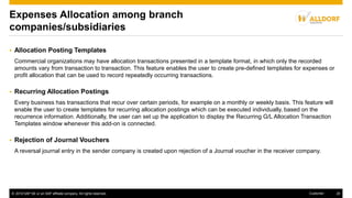 © 2016 SAP SE or an SAP affiliate company. All rights reserved. 20Customer
Expenses Allocation among branch
companies/subsidiaries
 Allocation Posting Templates
Commercial organizations may have allocation transactions presented in a template format, in which only the recorded
amounts vary from transaction to transaction. This feature enables the user to create pre-defined templates for expenses or
profit allocation that can be used to record repeatedly occurring transactions.
 Recurring Allocation Postings
Every business has transactions that recur over certain periods, for example on a monthly or weekly basis. This feature will
enable the user to create templates for recurring allocation postings which can be executed individually, based on the
recurrence information. Additionally, the user can set up the application to display the Recurring G/L Allocation Transaction
Templates window whenever this add-on is connected.
 Rejection of Journal Vouchers
A reversal journal entry in the sender company is created upon rejection of a Journal voucher in the receiver company.
 
