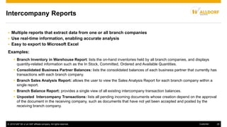 © 2016 SAP SE or an SAP affiliate company. All rights reserved. 29Customer
Intercompany Reports
 Branch Inventory in Warehouse Report: lists the on-hand inventories held by all branch companies, and displays
quantity-related information such as the In Stock, Committed, Ordered and Available Quantities.
 Consolidated Business Partner Balances: lists the consolidated balances of each business partner that currently has
transactions with each branch company.
 Branch Sales Analysis Report: allows the user to view the Sales Analysis Report for each branch company within a
single report.
 Branch Balance Report: provides a single view of all existing intercompany transaction balances.
 Unposted Intercompany Transactions: lists all pending incoming documents whose creation depend on the approval
of the document in the receiving company, such as documents that have not yet been accepted and posted by the
receiving branch company.
 Multiple reports that extract data from one or all branch companies
 Use real-time information, enabling accurate analysis
 Easy to export to Microsoft Excel
Examples:
 