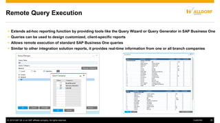 © 2016 SAP SE or an SAP affiliate company. All rights reserved. 35Customer
Remote Query Execution
 Extends ad-hoc reporting function by providing tools like the Query Wizard or Query Generator in SAP Business One
 Queries can be used to design customized, client-specific reports
 Allows remote execution of standard SAP Business One queries
 Similar to other integration solution reports, it provides real-time information from one or all branch companies
 