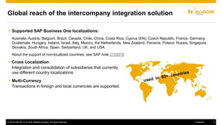 © 2016 SAP SE or an SAP affiliate company. All rights reserved. 4Customer
Global reach of the intercompany integration solution
 Supported SAP Business One localizations:
Australia, Austria, Belgium, Brazil, Canada, Chile, China, Costa Rica, Cyprus (EN), Czech Republic, France, Germany,
Guatemala, Hungary, Ireland, Israel, Italy, Mexico, the Netherlands, New Zealand, Panama, Poland, Russia, Singapore,
Slovakia, South Africa, Spain, Switzerland, UK, and USA.
About the support of non-localized countries, see SAP note 2154976.
 Cross Localization
Integration and consolidation of subsidiaries that currently
use different country localizations
 Multi-Currency
Transactions in foreign and local currencies are supported.
 