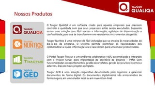 Nossos Produtos
Taugor GED é uma solução corporativa desenvolvida para organizar e gerenciar
documentos de forma digital. Os documentos digitalizados são armazenados de
forma segura, em um servidor local ou em nuvem (on-line).
O Portal Taugor Tractus e um ambiente colaborativo 100%, automatizado e integrado
com o Project Server para implantação de escritório de projetos – PMO. Com
funcionalidades de apontamentos, gestão de artefatos, gestão de recursos internos e
externos, área de meus projetos completo.
Taugor Nuntios é uma intranet de fácil utilização que se encaixa às necessidades do
dia-a-dia da empresa. O sistema permite identificar as necessidades dos
colaboradores e quais informações eles necessitam para uma maior produtividade.
O Taugor QualiQA é um software criado para aquelas empresas que precisam
controlar a qualidade com que seus processos estão sendo executados, buscando
assim uma solução com fácil acesso a informação, agilidade de disseminação e
confiabilidade, para que se transformem em verdadeiros instrumentos de gestão.
 