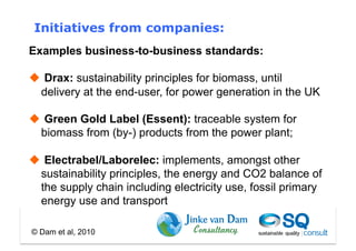 Initiatives from companies:
Examples business-to-business standards:

  Drax: sustainability principles for biomass, until
  delivery at the end-user, for power generation in the UK

  Green Gold Label (Essent): traceable system for
  biomass from (by-) products from the power plant;

  Electrabel/Laborelec: implements, amongst other
  sustainability principles, the energy and CO2 balance of
  the supply chain including electricity use, fossil primary
  energy use and transport

© Dam et al, 2010
 