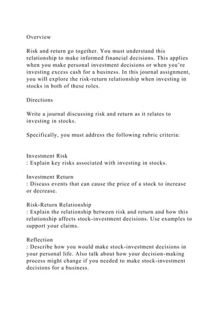 Overview
Risk and return go together. You must understand this
relationship to make informed financial decisions. This applies
when you make personal investment decisions or when you’re
investing excess cash for a business. In this journal assignment,
you will explore the risk-return relationship when investing in
stocks in both of these roles.
Directions
Write a journal discussing risk and return as it relates to
investing in stocks.
Specifically, you must address the following rubric criteria:
Investment Risk
: Explain key risks associated with investing in stocks.
Investment Return
: Discuss events that can cause the price of a stock to increase
or decrease.
Risk-Return Relationship
: Explain the relationship between risk and return and how this
relationship affects stock-investment decisions. Use examples to
support your claims.
Reflection
: Describe how you would make stock-investment decisions in
your personal life. Also talk about how your decision-making
process might change if you needed to make stock-investment
decisions for a business.
 