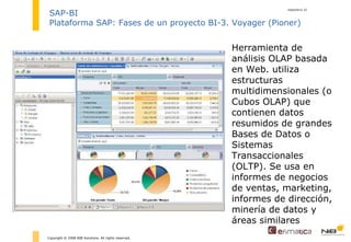 diapositiva  Copyright © 2008 NIB Solutions. All rights reserved. SAP-BI Plataforma SAP: Fases de un proyecto BI-3. Voyager (Pioner) Herramienta de análisis OLAP basada en Web.  utiliza estructuras multidimensionales (o Cubos OLAP) que contienen datos resumidos de grandes Bases de Datos o Sistemas Transaccionales (OLTP). Se usa en informes de negocios de ventas, marketing, informes de dirección, minería de datos y áreas similares 