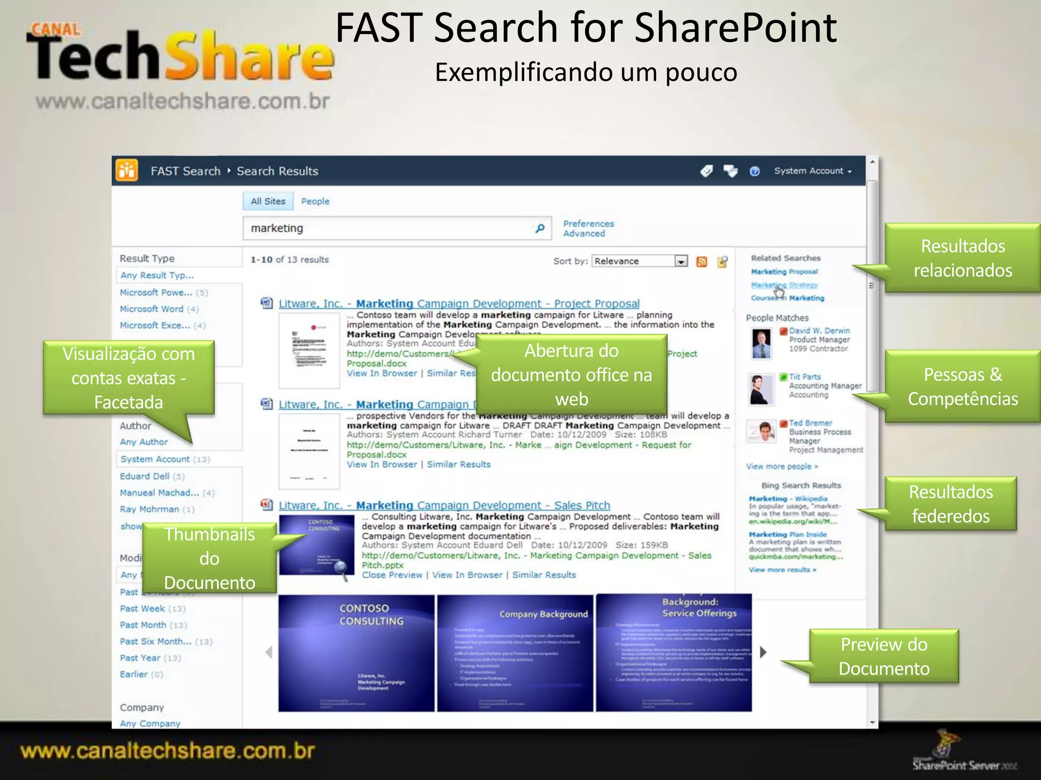 FAST Search for SharePoint
                              Exemplificando um pouco




                                                                      Resultados
                                                                     relacionados



Visualização com                      Abertura do
 contas exatas -                  documento office na                 Pessoas &
    Facetada                             web                        Competências



                                                                    Resultados
                                                                    federedos
            Thumbnails
                do
            Documento


                                                             Preview do
                                                             Documento


03/09/2012                                              40
 