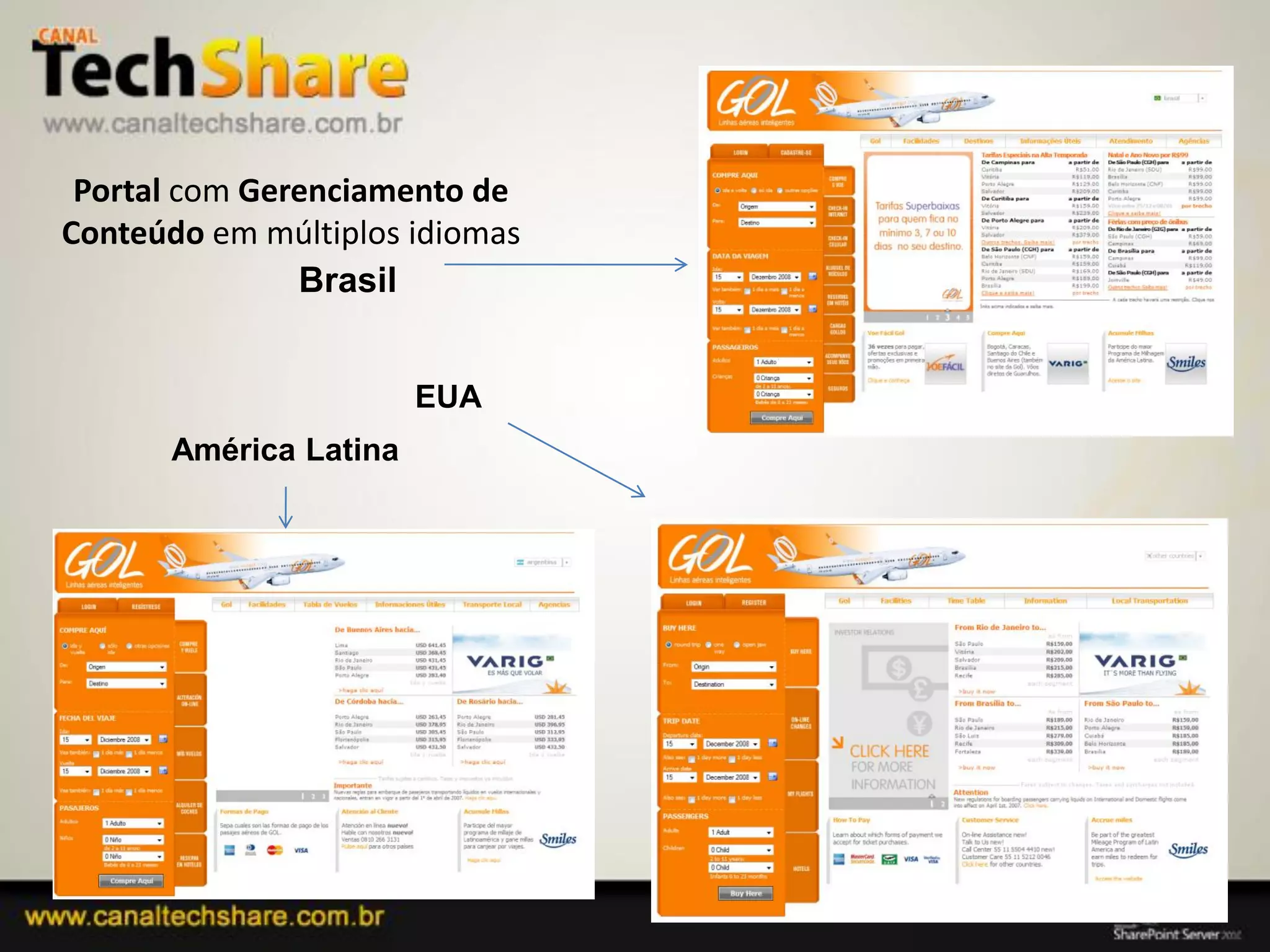 Portal com Gerenciamento de
Conteúdo em múltiplos idiomas
               Brasil


                       EUA
      América Latina




03/09/2012                      59
 