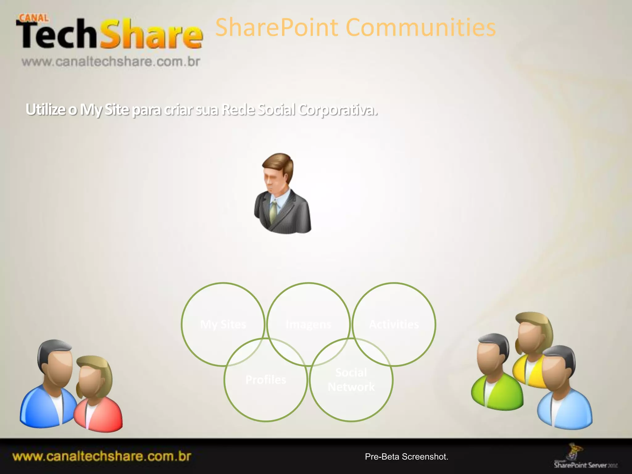Utilize o My Site para criar sua Rede Social Corporativa.




                            My Sites      Imagens      Activities


                                                 Social
                                   Profiles
                                                Network




  03/09/2012                                                        84
 