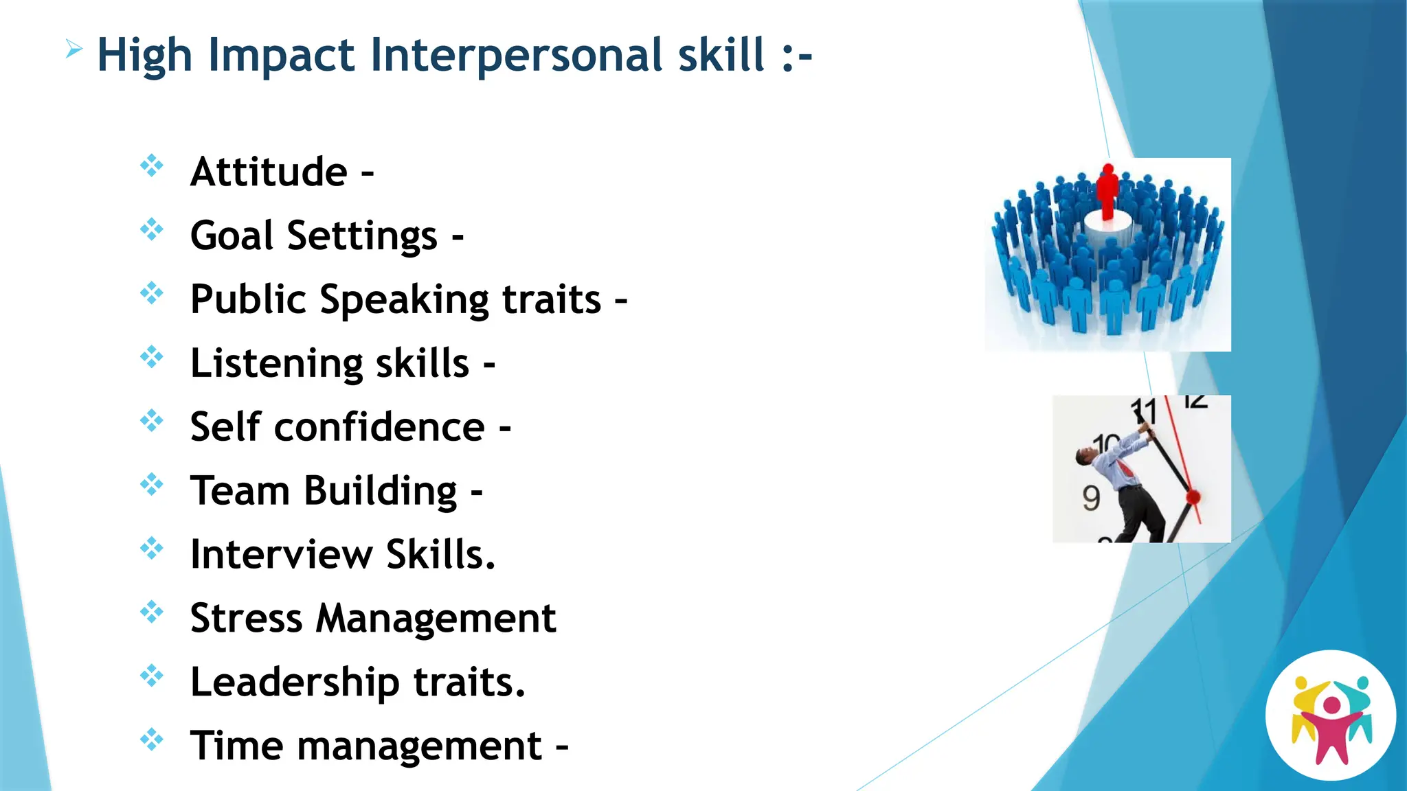  High Impact Interpersonal skill :-
 Attitude –
 Goal Settings -
 Public Speaking traits –
 Listening skills -
 Self confidence -
 Team Building -
 Interview Skills.
 Stress Management
 Leadership traits.
 Time management –
 