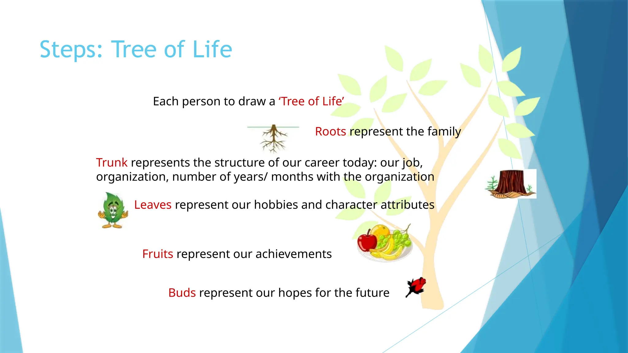 Steps: Tree of Life
Roots represent the family
Trunk represents the structure of our career today: our job,
organization, number of years/ months with the organization
Each person to draw a ‘Tree of Life’
Leaves represent our hobbies and character attributes
Fruits represent our achievements
Buds represent our hopes for the future
 