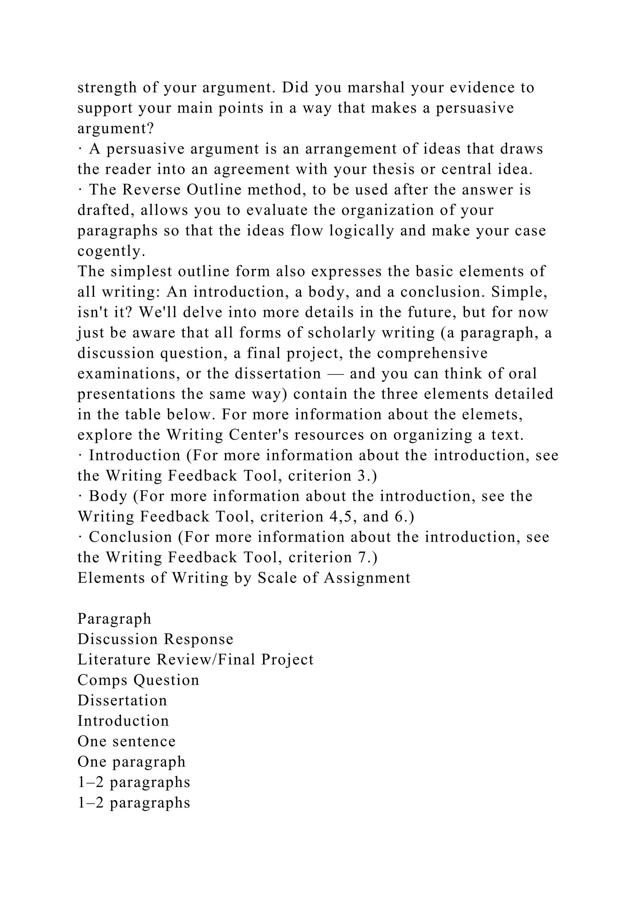 strength of your argument. Did you marshal your evidence to
support your main points in a way that makes a persuasive
argument?
· A persuasive argument is an arrangement of ideas that draws
the reader into an agreement with your thesis or central idea.
· The Reverse Outline method, to be used after the answer is
drafted, allows you to evaluate the organization of your
paragraphs so that the ideas flow logically and make your case
cogently.
The simplest outline form also expresses the basic elements of
all writing: An introduction, a body, and a conclusion. Simple,
isn't it? We'll delve into more details in the future, but for now
just be aware that all forms of scholarly writing (a paragraph, a
discussion question, a final project, the comprehensive
examinations, or the dissertation — and you can think of oral
presentations the same way) contain the three elements detailed
in the table below. For more information about the elemets,
explore the Writing Center's resources on organizing a text.
· Introduction (For more information about the introduction, see
the Writing Feedback Tool, criterion 3.)
· Body (For more information about the introduction, see the
Writing Feedback Tool, criterion 4,5, and 6.)
· Conclusion (For more information about the introduction, see
the Writing Feedback Tool, criterion 7.)
Elements of Writing by Scale of Assignment
Paragraph
Discussion Response
Literature Review/Final Project
Comps Question
Dissertation
Introduction
One sentence
One paragraph
1–2 paragraphs
1–2 paragraphs
 