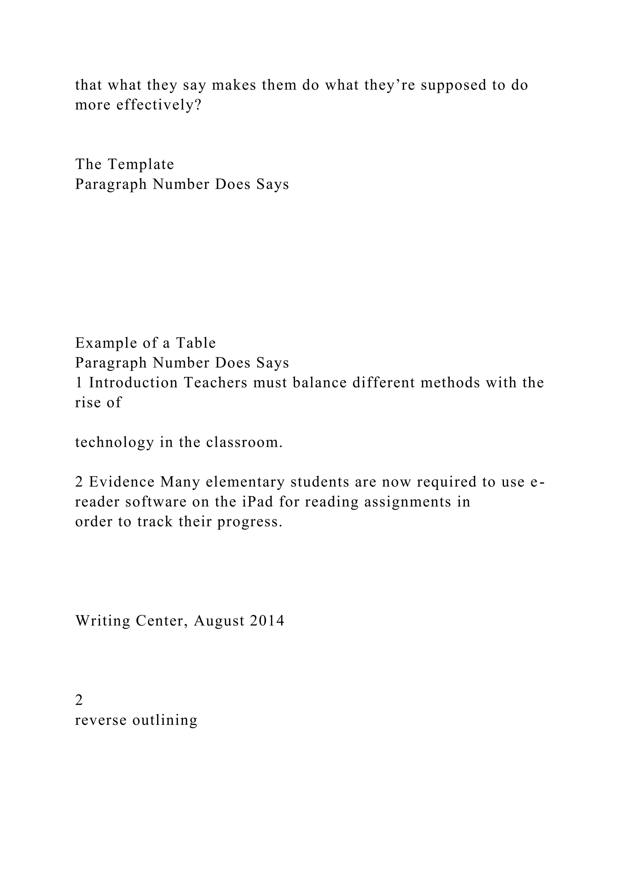 that what they say makes them do what they’re supposed to do
more effectively?
The Template
Paragraph Number Does Says
Example of a Table
Paragraph Number Does Says
1 Introduction Teachers must balance different methods with the
rise of
technology in the classroom.
2 Evidence Many elementary students are now required to use e-
reader software on the iPad for reading assignments in
order to track their progress.
Writing Center, August 2014
2
reverse outlining
 
