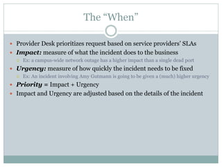 The “When”
 Provider Desk prioritizes request based on service providers’ SLAs
 Impact: measure of what the incident does to the business
 Ex: a campus-wide network outage has a higher impact than a single dead port
 Urgency: measure of how quickly the incident needs to be fixed
 Ex: An incident involving Amy Gutmann is going to be given a (much) higher urgency
 Priority = Impact + Urgency
 Impact and Urgency are adjusted based on the details of the incident
 