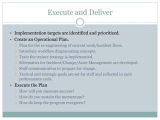 Execute and Deliver
 Implementation targets are identified and prioritized.
 Create an Operational Plan.
 Plan for the re-engineering of current work/incident flows.
 Introduce workflow diagramming concepts.
 Train the trainer strategy is implemented.
 Schematics for Incident/Change/Asset Management are developed.
 Staff communication to prepare for change.
 Tactical and strategic goals are set for staff and reflected in each
performance cycle.
 Execute the Plan
 How will you measure success?
 How do you sustain the momentum?
 How do keep the program evergreen?
 
