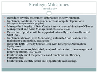 Strategic Milestones
Through 2007
 Introduce severity assessment criteria into the environment.
 Implement solutions management across Computer Operations.
(Sharepoint integration is in progress)
 Manage the integrity of Data Center Assets via a combination of Change
Management and Asset Management (December 2006)
 Determine if product will be supported internally or externally and at
what level.
 Implementation of Event Monitoring, automated notification, and
mainframe automation. (June 2007)
 Integrate BMC Remedy Service Desk with Enterprise Automation
(Spring 2007).
 Implement more sophisticated, analyzed metrics into the management
reporting stream. (May 2007)
 Continuously audit the processes and functions for efficiency
opportunities.
 Continuously identify actual and opportunity cost savings.
 