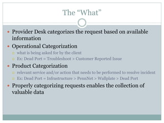 The “What”
 Provider Desk categorizes the request based on available
information
 Operational Categorization
 what is being asked for by the client
 Ex: Dead Port = Troubleshoot > Customer Reported Issue
 Product Categorization
 relevant service and/or action that needs to be performed to resolve incident
 Ex: Dead Port = Infrastructure > PennNet > Wallplate > Dead Port
 Properly categorizing requests enables the collection of
valuable data
 