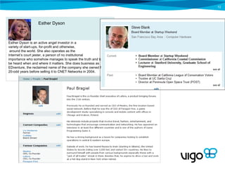12




                  Esther Dyson



Esther Dyson is an active angel investor in a
variety of start-ups, for-profit and otherwise,
 around the world. She also operates as the
Internet’s court jester, a person of no institutional
importance who somehow manages to speak the truth and to
be heard when and where it matters. She does business as
EDventure, the reclaimed name of the company she owned for
20-odd years before selling it to CNET Networks in 2004.
 