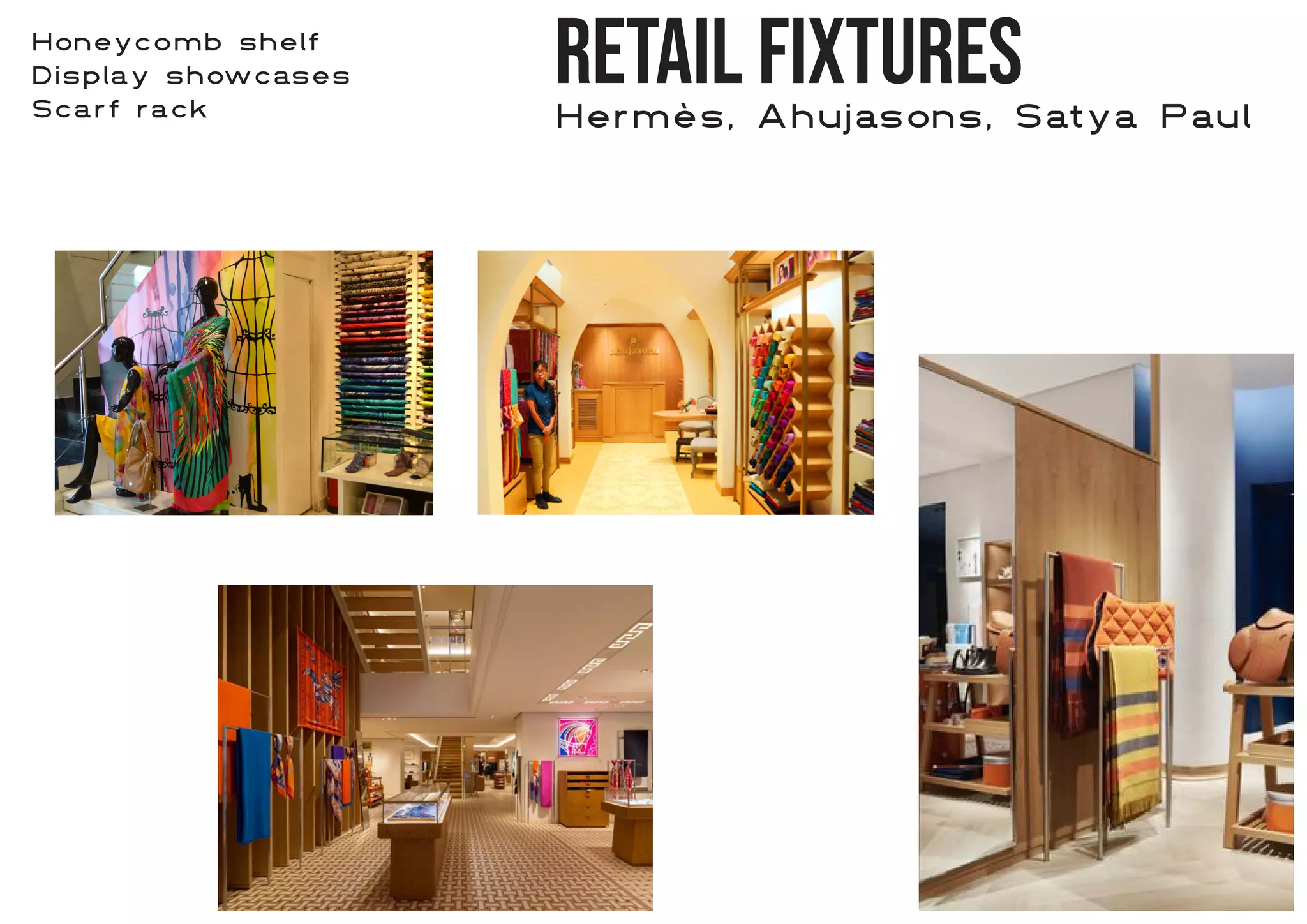 Retail Fixtures
Hermès, Ahujasons, Satya Paul
Honeycomb shelf
Display showcases
Scarf rack