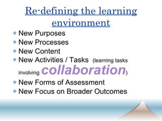 Re-defining the learning environment New Purposes New Processes New Content New Activities / Tasks  (learning tasks involving  collaboration ) New Forms of Assessment New Focus on Broader Outcomes 