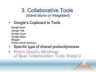 3. Collaborative Tools  (stand alone or integrated) Google’s Cupboard to Tools Google Apps Google Talk Google Voice Google Maps Blogger  Picasa (photo sharing ) Specific type of shared product/process Robin Good’s  Mindmap  of Best Collaboration Tools Web2.0  