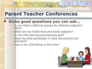 Parent Teacher Conferences 
 Some good questions you can ask… 
 Is my child in different groups for different subjects? 
Why? 
 What are my child’s best and worst subjects? 
 Is my child working and listening well? 
 Does my child participate in class discussions and 
activities? 
 How is my child doing in the tests? 
 