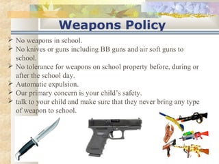 Weapons Policy 
 No weapons in school. 
 No knives or guns including BB guns and air soft guns to 
school. 
 No tolerance for weapons on school property before, during or 
after the school day. 
 Automatic expulsion. 
 Our primary concern is your child’s safety. 
 talk to your child and make sure that they never bring any type 
of weapon to school. 
 
