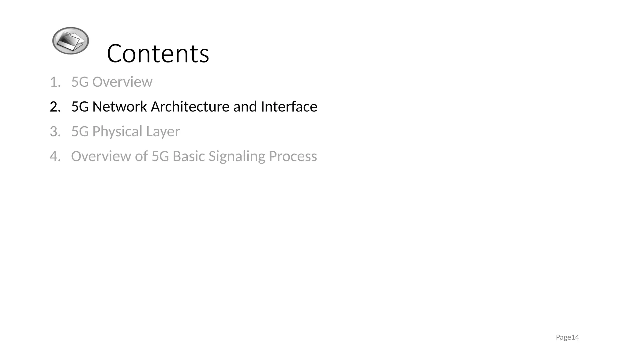 Contents
1. 5G Overview
2. 5G Network Architecture and Interface
3. 5G Physical Layer
4. Overview of 5G Basic Signaling Process
Page14
 