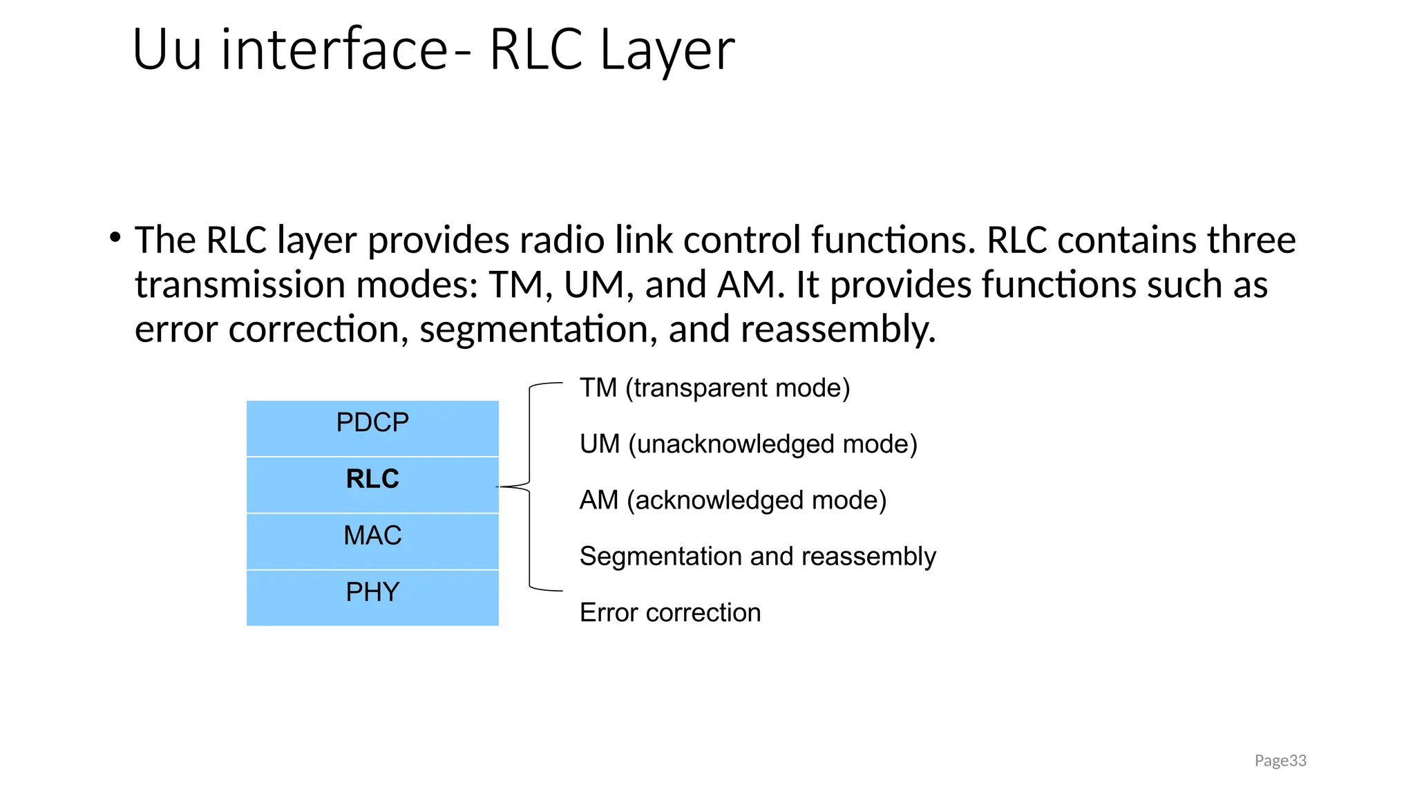 Uu interface- RLC Layer
• The RLC layer provides radio link control functions. RLC contains three
transmission modes: TM, UM, and AM. It provides functions such as
error correction, segmentation, and reassembly.
Page33
TM (transparent mode)
UM (unacknowledged mode)
AM (acknowledged mode)
Segmentation and reassembly
Error correction
PDCP
RLC
MAC
PHY
 