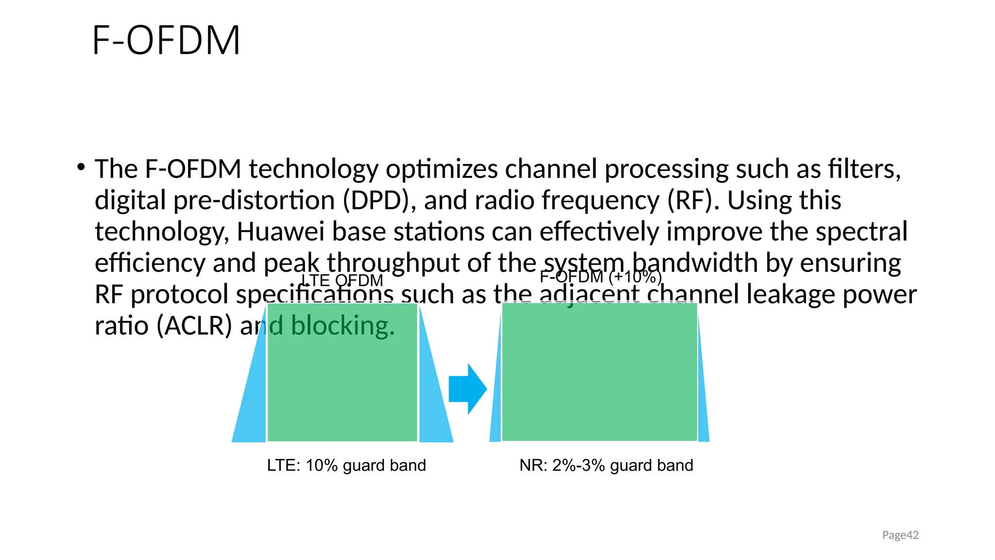 F-OFDM
• The F-OFDM technology optimizes channel processing such as filters,
digital pre-distortion (DPD), and radio frequency (RF). Using this
technology, Huawei base stations can effectively improve the spectral
efficiency and peak throughput of the system bandwidth by ensuring
RF protocol specifications such as the adjacent channel leakage power
ratio (ACLR) and blocking.
Page42
LTE: 10% guard band NR: 2%-3% guard band
F-OFDM (+10%)
LTE OFDM
 