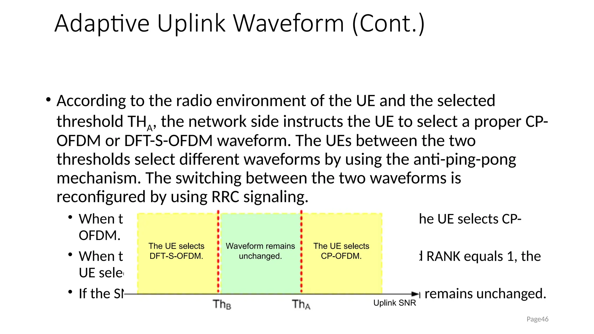 Adaptive Uplink Waveform (Cont.)
• According to the radio environment of the UE and the selected
threshold THA, the network side instructs the UE to select a proper CP-
OFDM or DFT-S-OFDM waveform. The UEs between the two
thresholds select different waveforms by using the anti-ping-pong
mechanism. The switching between the two waveforms is
reconfigured by using RRC signaling.
• When the uplink SNR is greater than the threshold THA, the UE selects CP-
OFDM.
• When the uplink SNR is lower than the threshold THB and RANK equals 1, the
UE selects DFT-S-OFDM.
• If the SNR is between THA and THB, the current waveform remains unchanged.
Page46
The UE selects
DFT-S-OFDM.
Waveform remains
unchanged.
The UE selects
CP-OFDM.
Uplink SNR
 