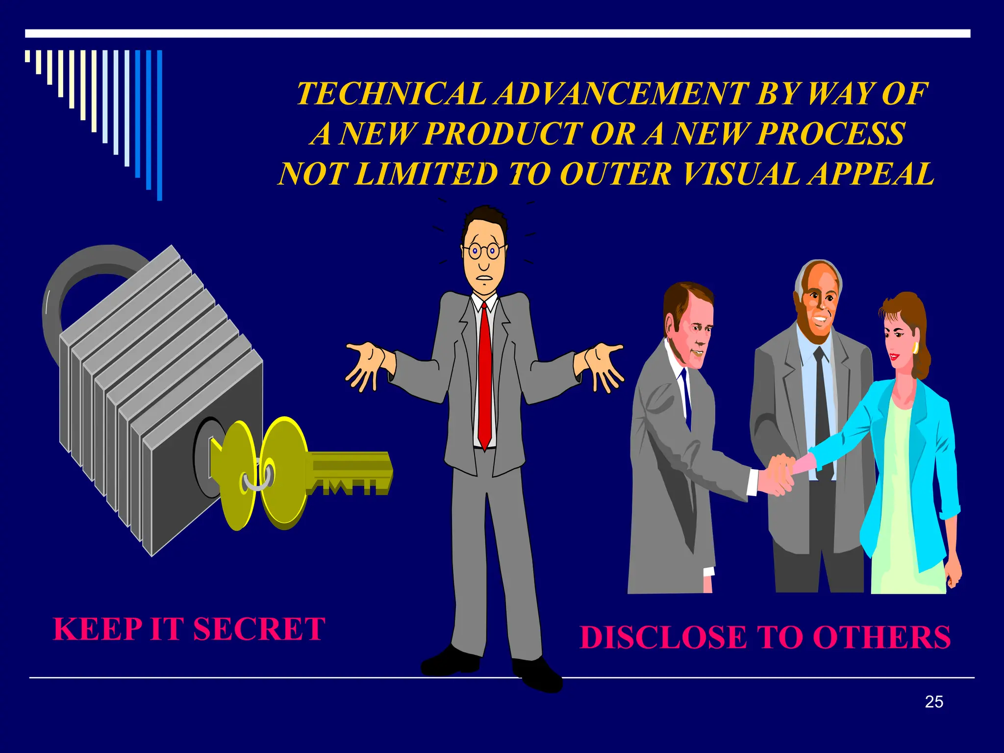 25
TECHNICAL ADVANCEMENT BY WAY OF
A NEW PRODUCT OR A NEW PROCESS
NOT LIMITED TO OUTER VISUAL APPEAL
KEEP IT SECRET DISCLOSE TO OTHERS
 