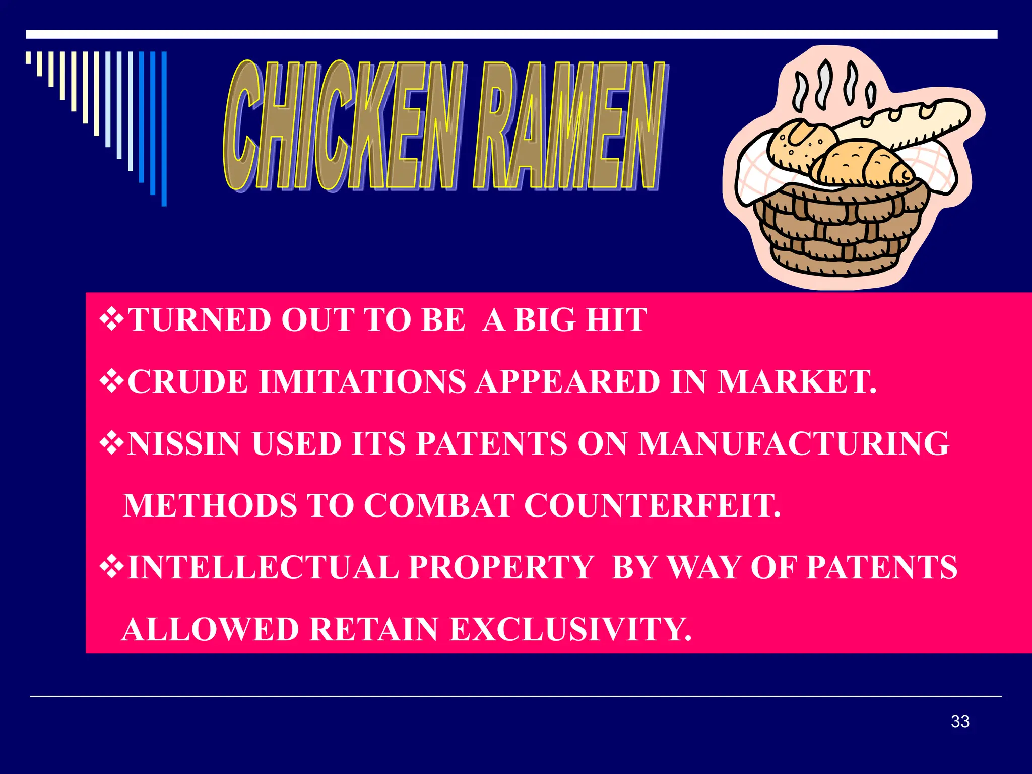 33
TURNED OUT TO BE A BIG HIT
CRUDE IMITATIONS APPEARED IN MARKET.
NISSIN USED ITS PATENTS ON MANUFACTURING
METHODS TO COMBAT COUNTERFEIT.
INTELLECTUAL PROPERTY BY WAY OF PATENTS
ALLOWED RETAIN EXCLUSIVITY.
 